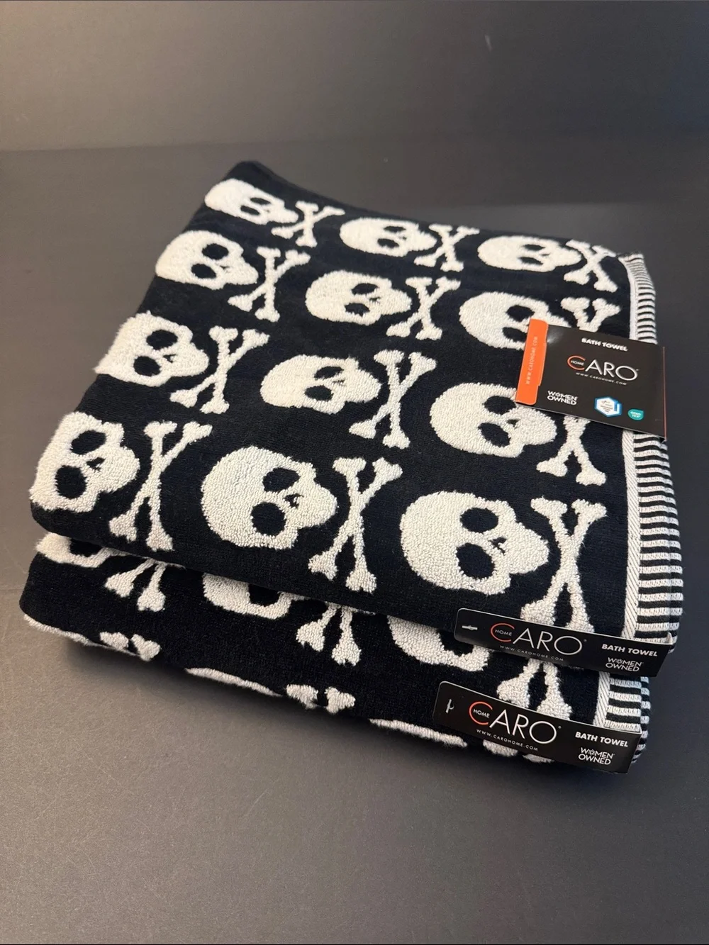 2pc CARO HOME Skull Pattern Bath Towel Set - Halloween - 100% Cotton-Black/White
